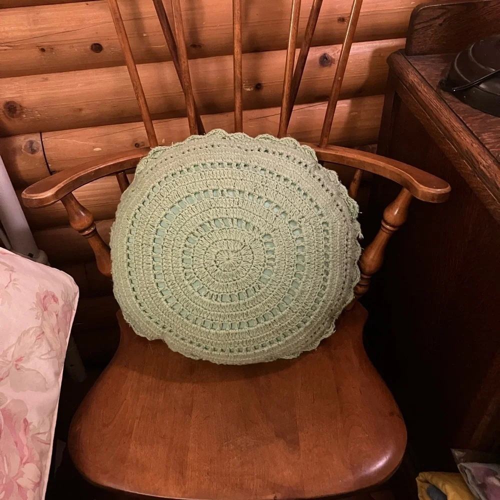Crocheted round accent pillow vintage inspired vibe Great grandma cottage core
